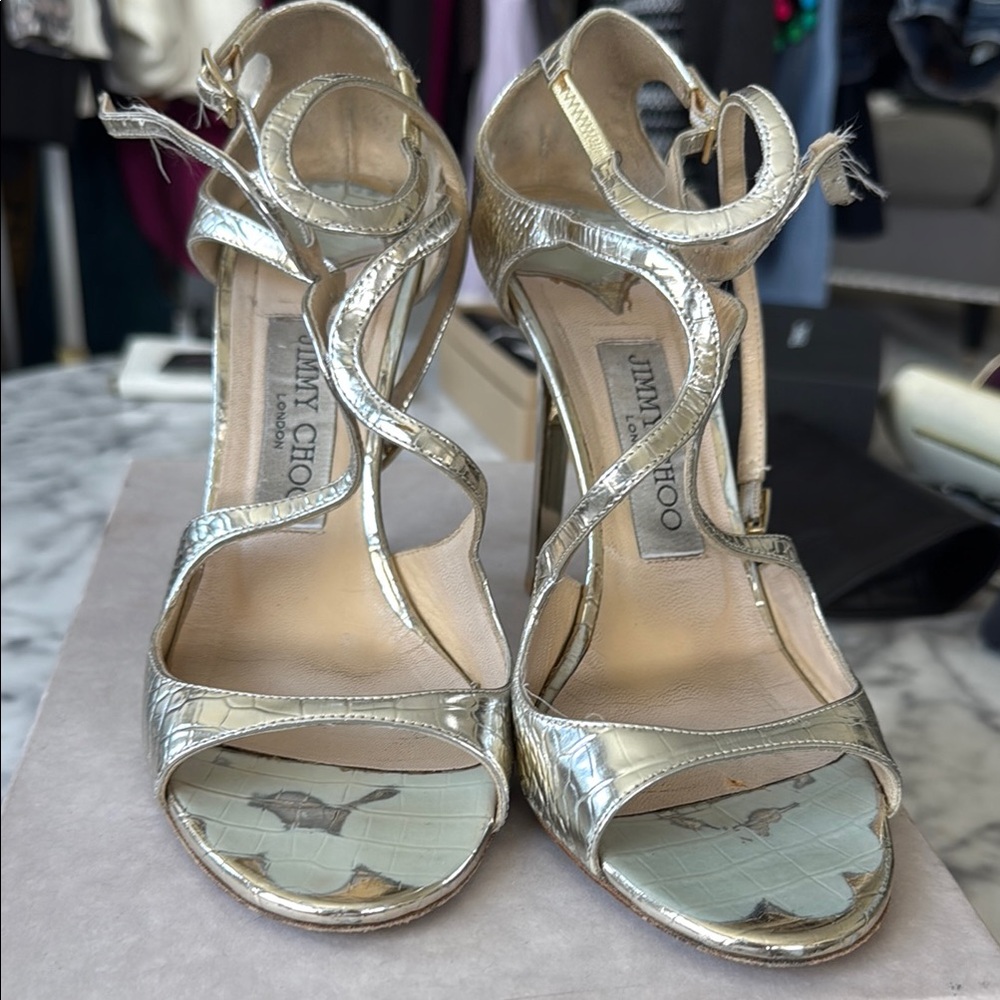 Jimmy Choo Gold Stiletto Heels Strappy Design